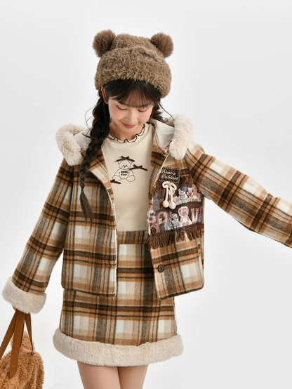 Brown Cute Little Bears Applique Plaid Hooded Woolen Coat Short Version