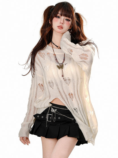 Apricot Heart Shaped Distressed Holes Sweater with Shredded Hem