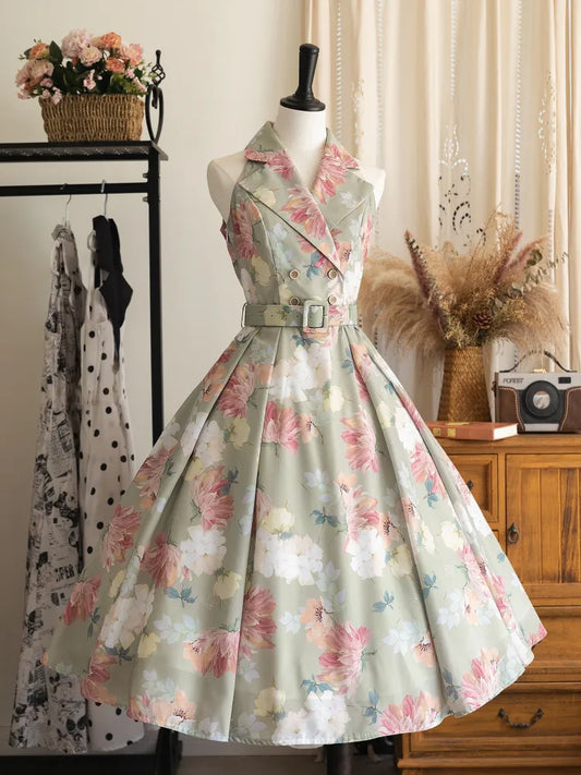 Fashion Floral Dress Blazer Retro Print Collar Green Summer 1950s