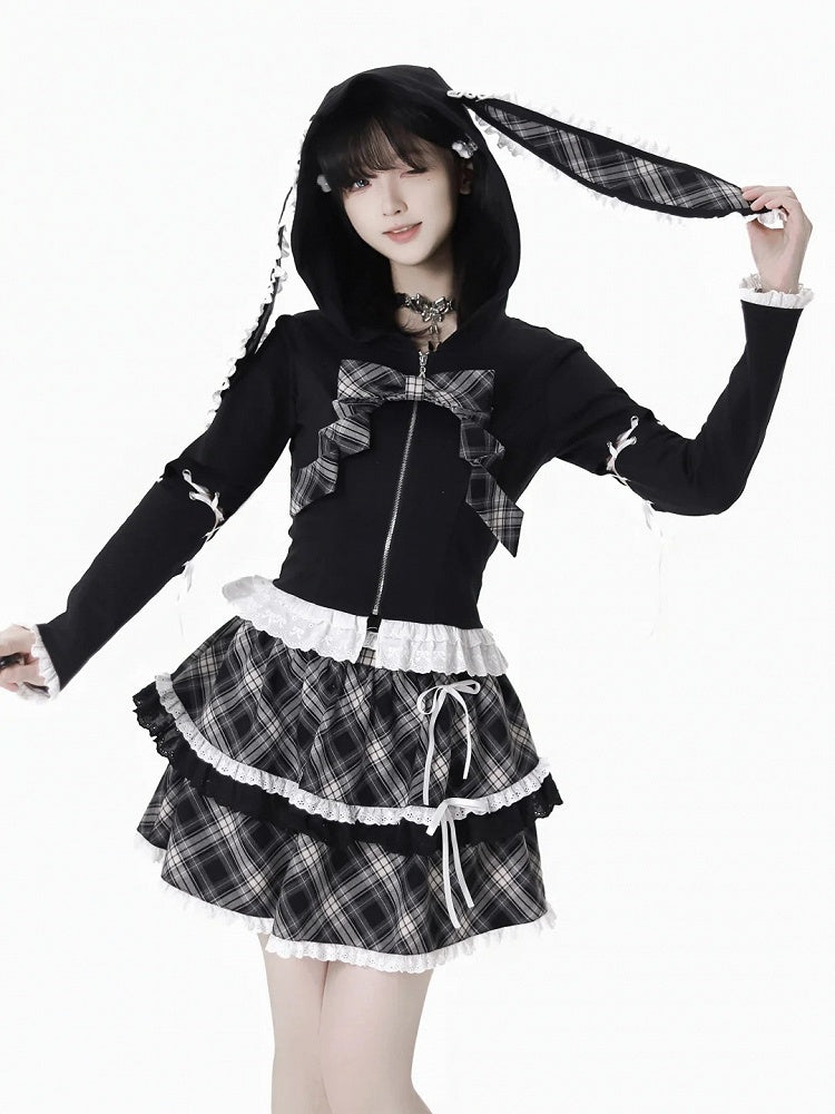Lace-up Lace Trim Bunny Ears White/Black Design Hood Zip Closure Hoodie Sleeves Detachable