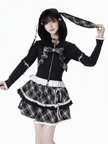 Ruffled Lace Trim Bowknot Details Tiered Skirt Black Plaid