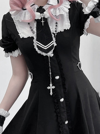 Tie Jirai Kei Set- Wrist + Black Available Lace Trim Dress + Cuffs Size Plus Shorts