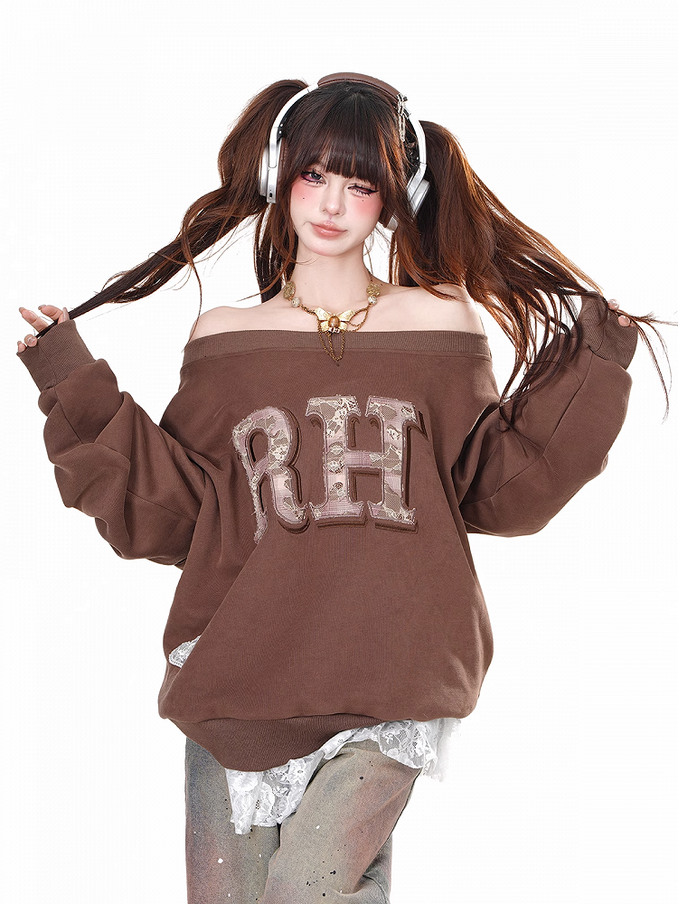 Brown/Gray Off-the-shoulder Neckline Letter Loose Sweatshirt