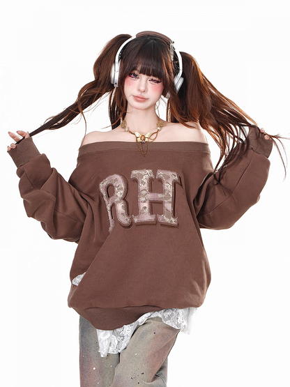 Brown/Gray Off-the-shoulder Neckline Letter Loose Sweatshirt