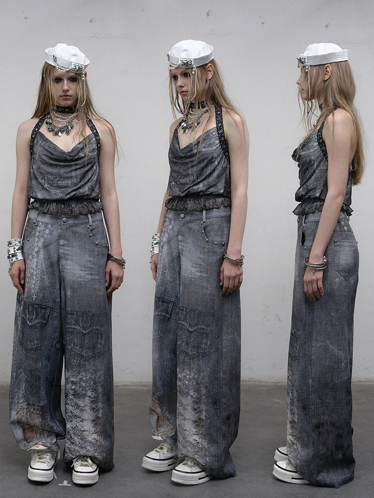 Punk Cowl Glamorous Neck Ruffles Trim Top Wasteland Neckline Halter Blue
