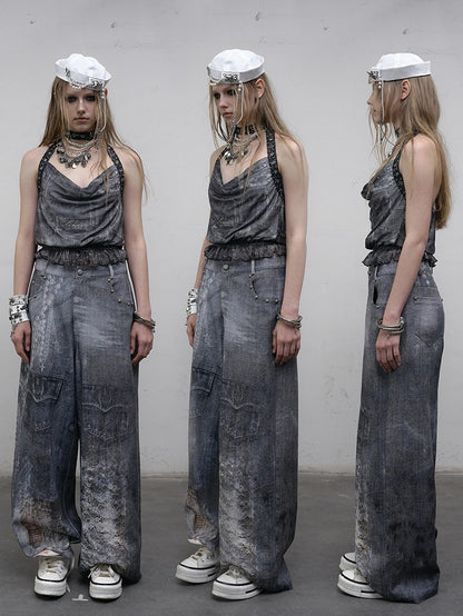Punk Cowl Glamorous Neck Ruffles Trim Top Wasteland Neckline Halter Blue