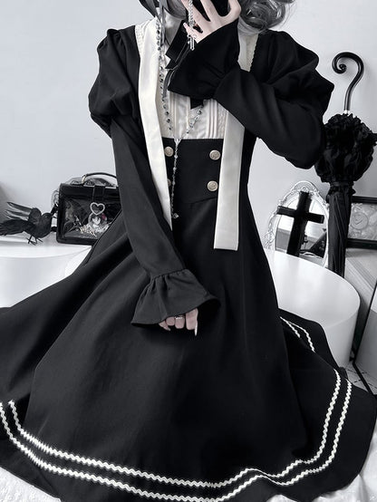 Black Ruffled Trim Long Sleeves Nun Dress