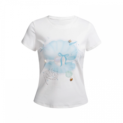 Print White Round Neck Slim-fitting Pearl T-shirt Seashell and