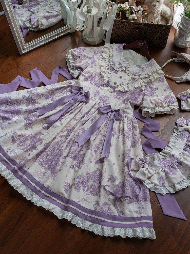 Lolita Print Lila Kurzes Kleid mit Peter-Ärmeln und Traubenkragen