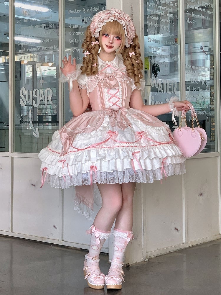 Bows Dress Chain White Sweet Lolita + Pink Bead Decorated and