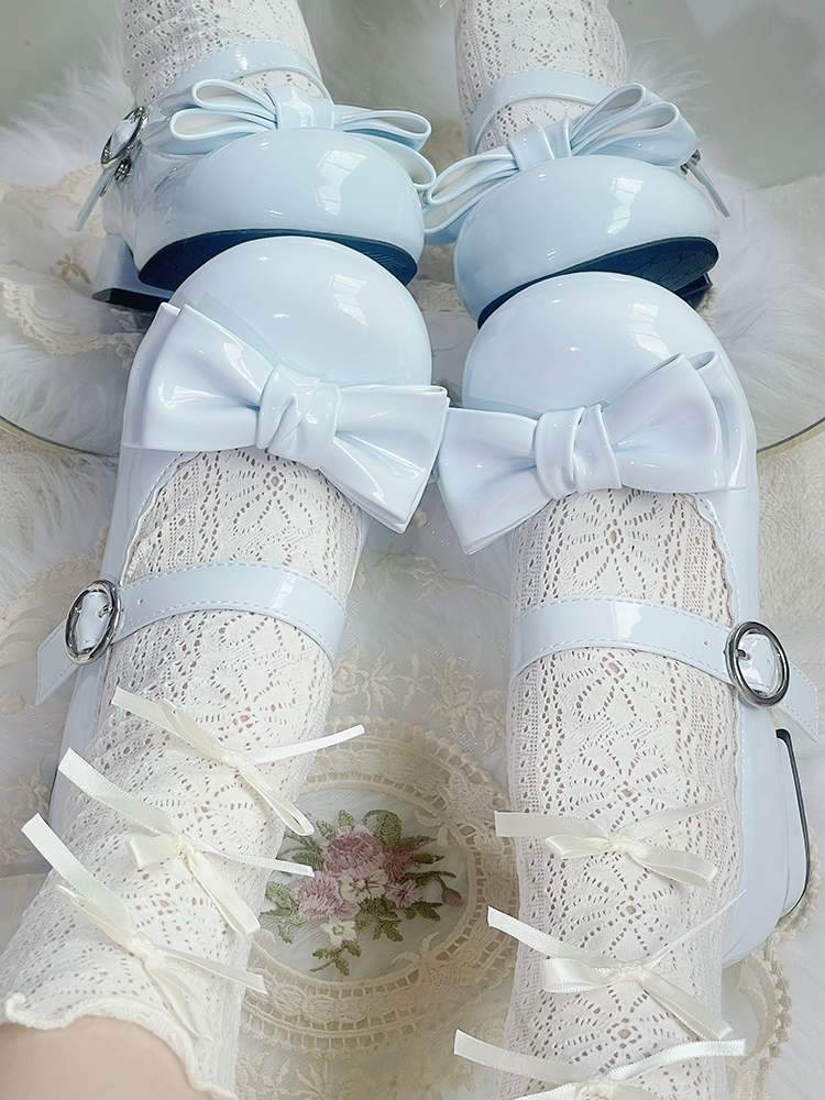 Sweet Lolita Blue Bowknot Round Toe Block Heel Mary Janes