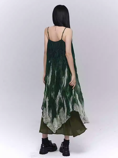 Robe à bretelles spaghetti à volants et ourlet asymétrique vert dégradé