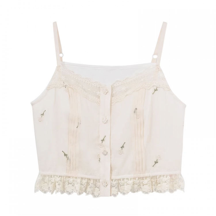 Kei Buttons Beige Floral Embroidery Lace Trim Floral Mori Cami Top