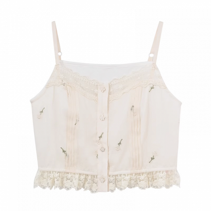 Kei Buttons Beige Floral Embroidery Lace Trim Floral Mori Cami Top