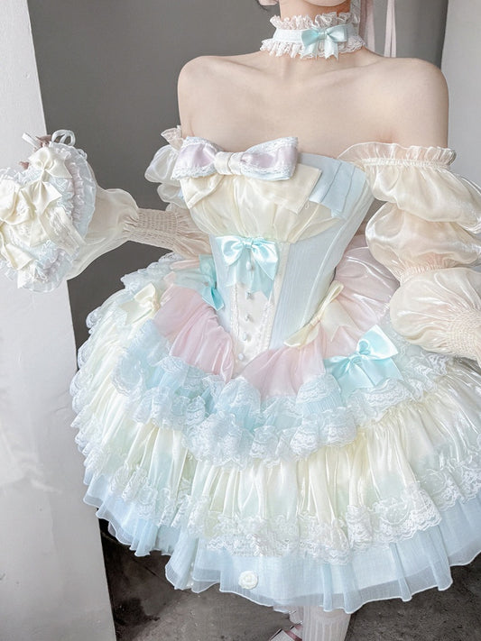 Sweet Lolita Balletcore Dress Blue Tiered Pink Skirt Yellow Boned Corset Waist