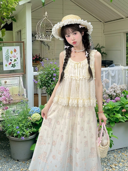 Self-tie Tank Top Bow Lace Trim Elegant with Beige Tiered