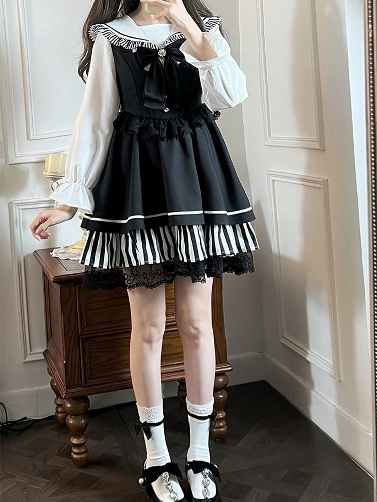 Black Jirai Kei Sailor Collor Blouse High Waist Lace Trim Overall Dress Set