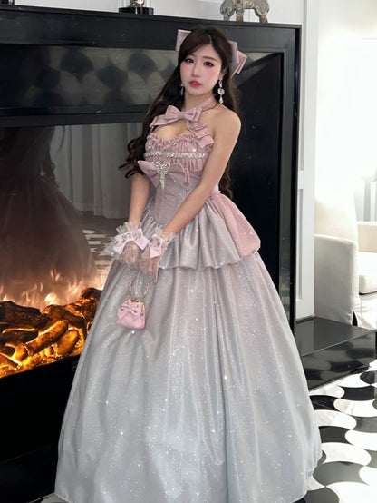 Shimmering Gradient Pink Halter Neck Sweetheart Neckline Top + Long Skirt Birthday Ball Gown