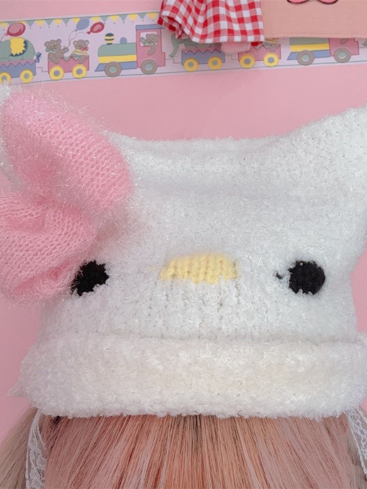 Bonnet tricoté à nœud papillon Y2K avec motif chaton