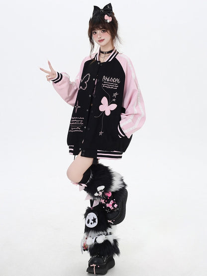 Black and Pink Colorblock Design Butterfly Baseball Jacket