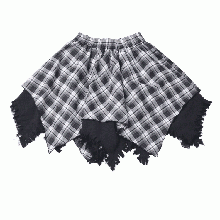 Plaid Skirt White /Black Frayed Handkerchief Hem Blue