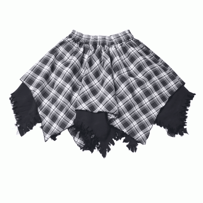 Plaid Skirt White /Black Frayed Handkerchief Hem Blue
