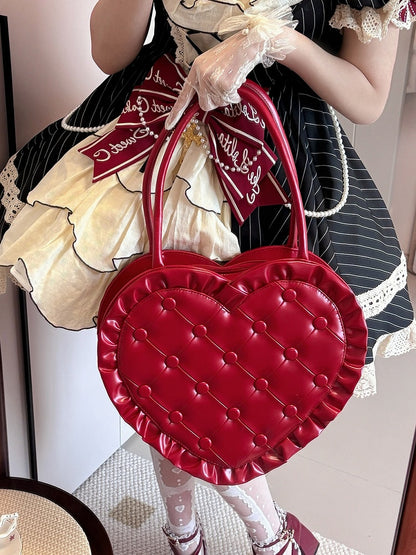 Red Ruffle with Trim Heart Lolita Bag Quilted PU
