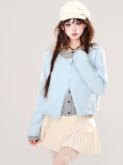 Blue/Dark Grey Fake Two-piece Design Cardigan