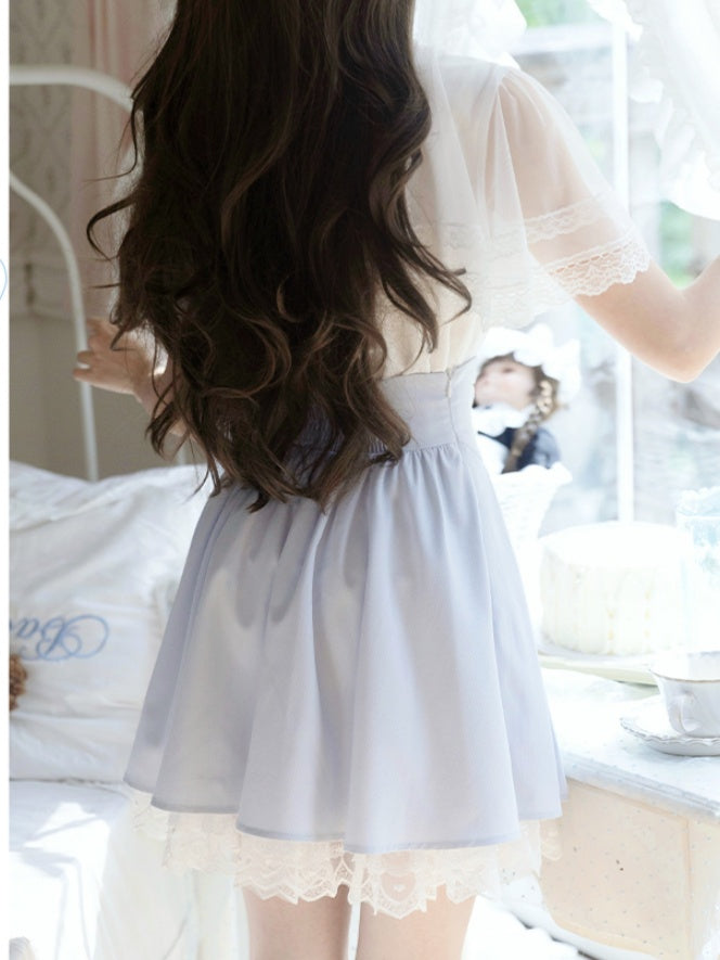 Jirai Kei Set Box Pleat Skirt+ Cape Top+ Blue Trim Bow Tie White Lace