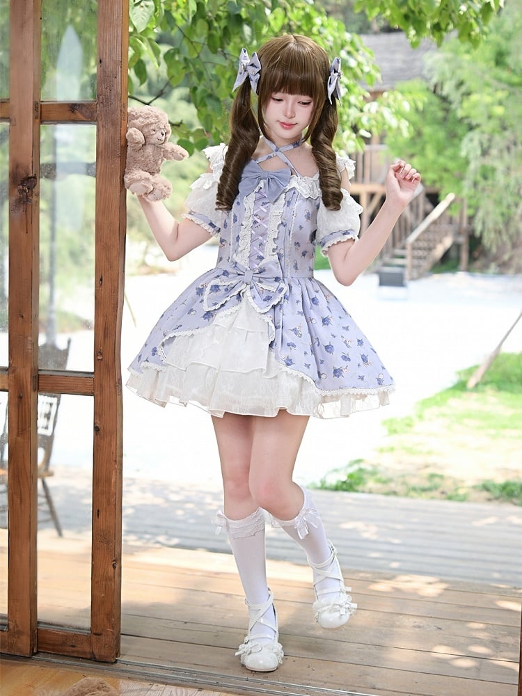 OP Neck Sweet Lolita Dress Purple Hydrangea Print Open Shoulder Halter Light