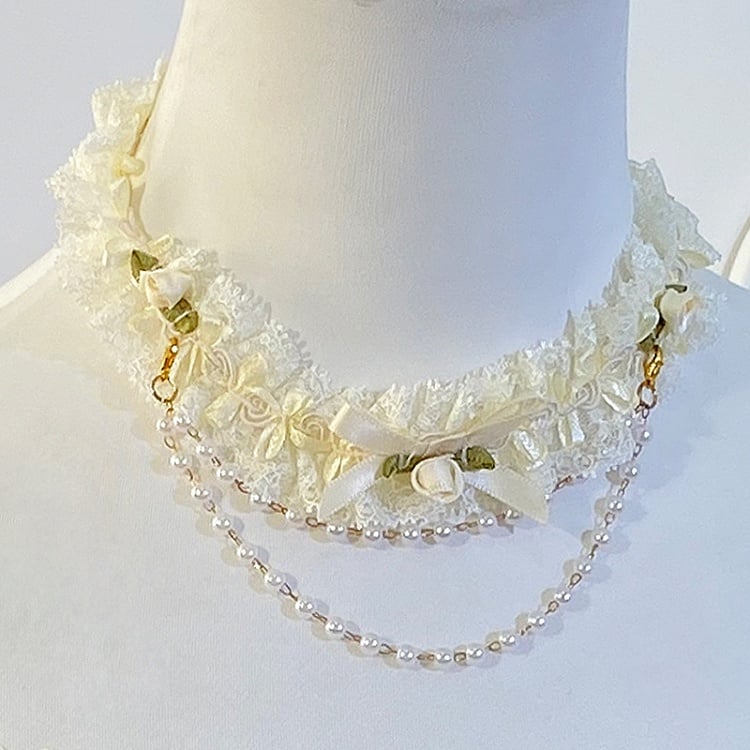 White Flowers and Bead Chain Adorned Choker