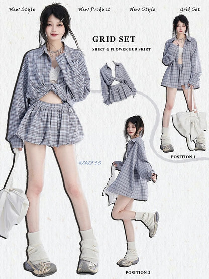 Loose Blue  White Plaid Vintage Shirt/Bubble Skirt