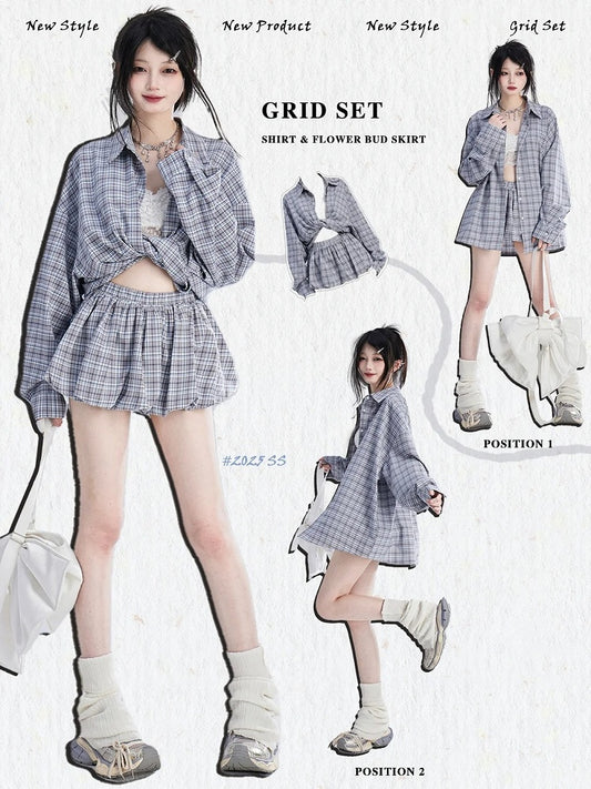 Loose Blue  White Plaid Vintage Shirt/Bubble Skirt