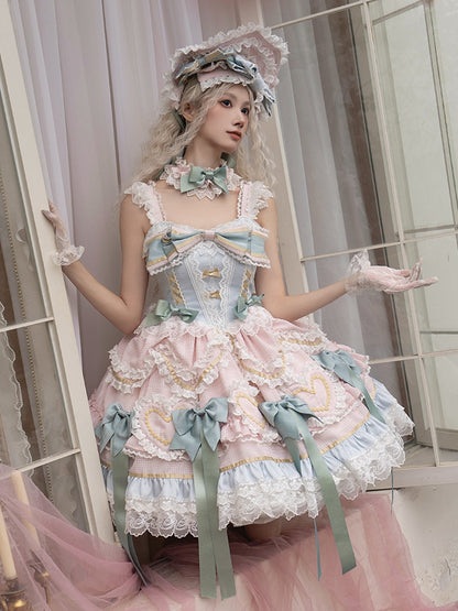 Mint Green Bows Pink and Blue Sweet Lolita Corset Dress with Choker