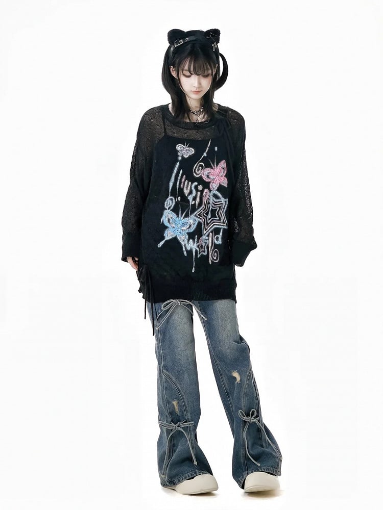 Bow Accents Flared Jeans Blue Faded Wash Distressed Holes Light