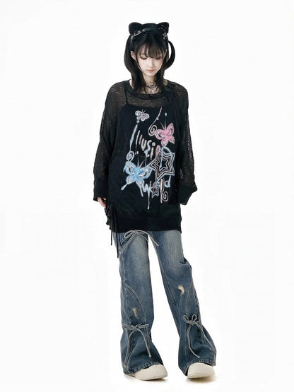 Bow Accents Flared Jeans Blue Faded Wash Distressed Holes Light