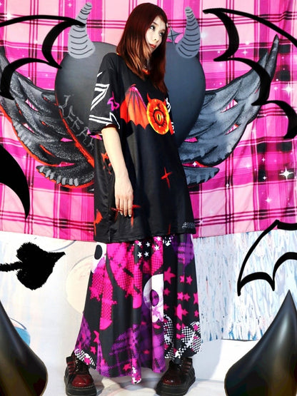 Kuro Kawaii Black Skeleton and Star Print Cami Dress Plaid Heart Pattern