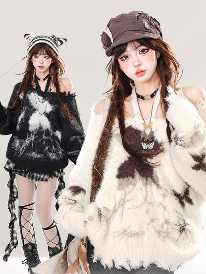 Apricot/Black Butterflies Halter Neck Mohair Loose Sweater