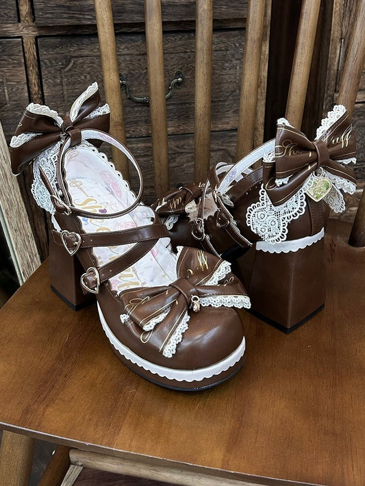 Heart Block Detachable at High Crisscross Brown Buckles Design Top Heels Bow