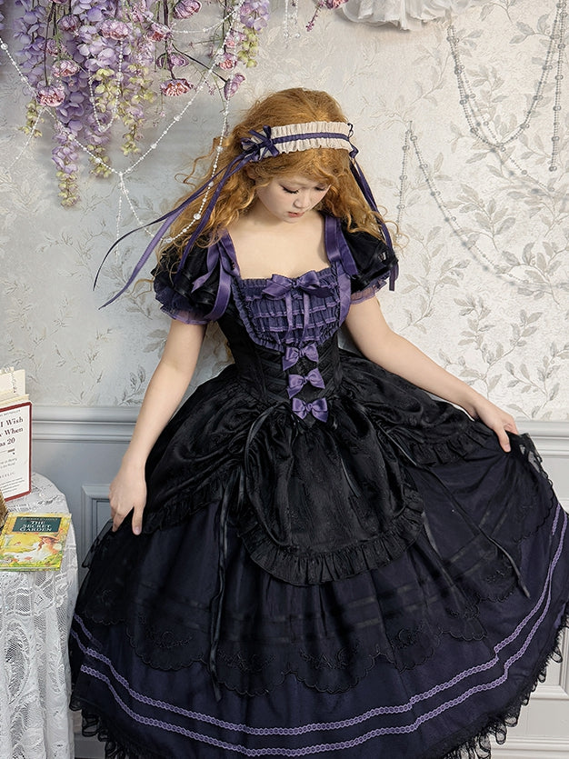 Black and Purple Square Neckline Jacquard Drawstring Skirt Classic Lolita Dress