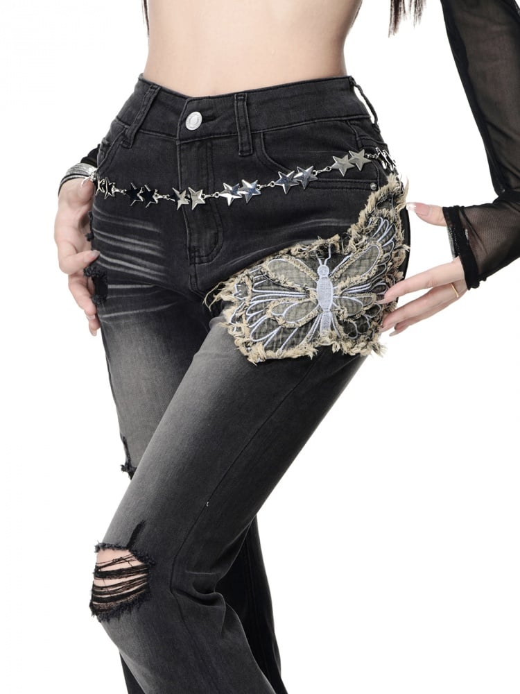 Black Butterfly Applique Distressed Holes Fishtail Jeans