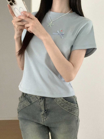 T-Shirt Round Neck Bowknot Detail Blue