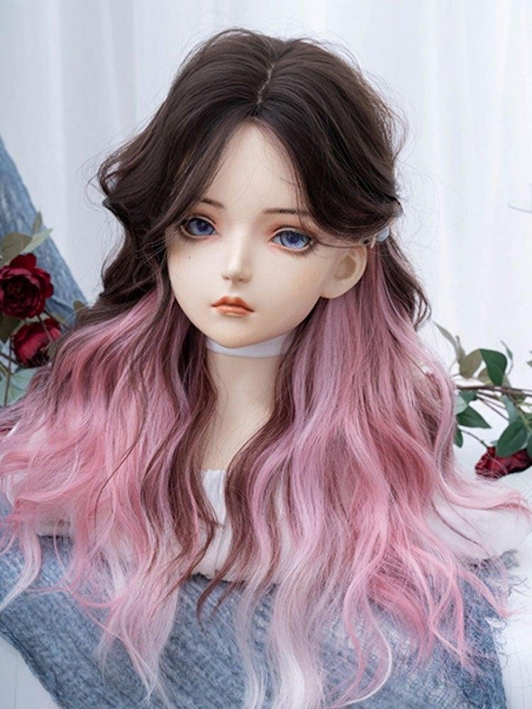 Pink-black Ombre Long Wavy Synthetic Wig With Curtain Bangs