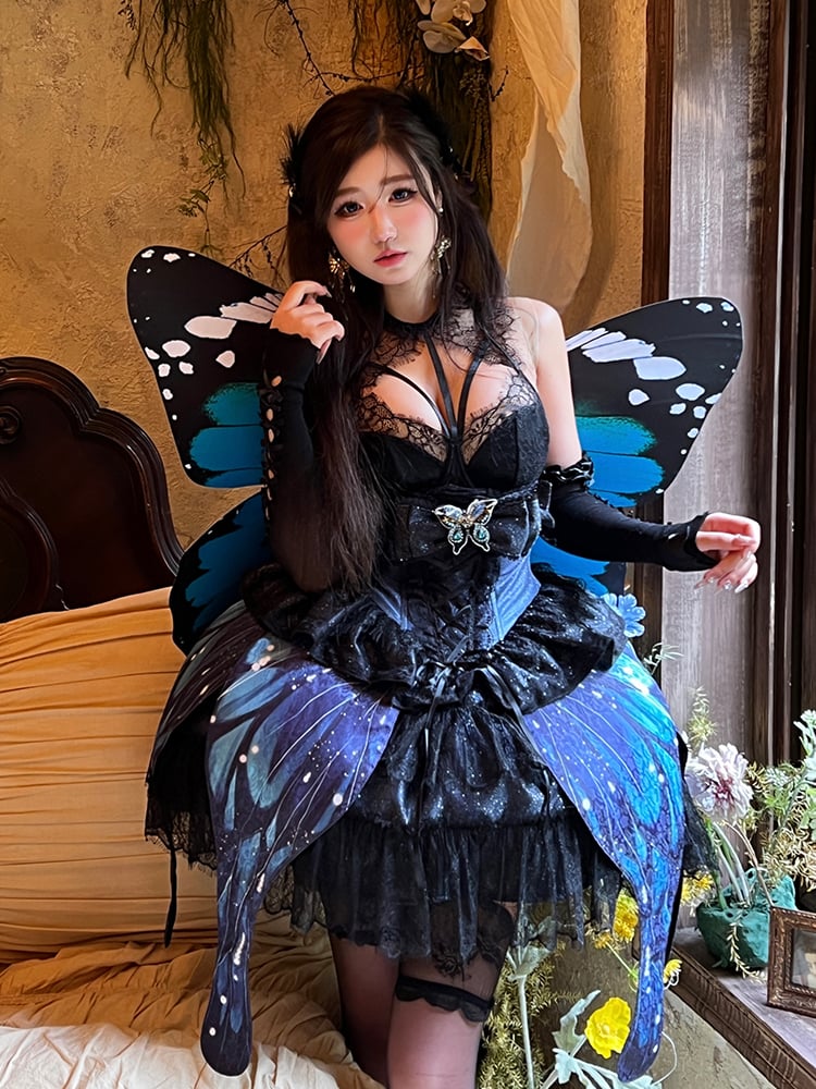 Corset + jupe à ailes de papillon féeriques bleu nuit scintillantes sous la poitrine