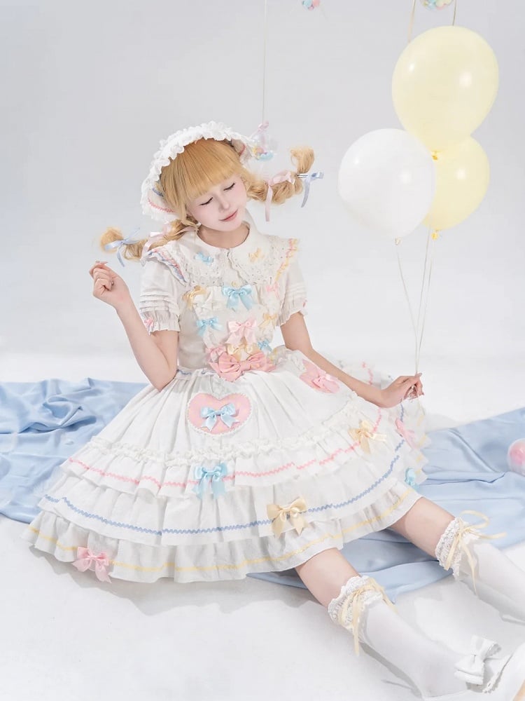 Bowknots White Ruffled Lace Trim Bonnet Macaron Color