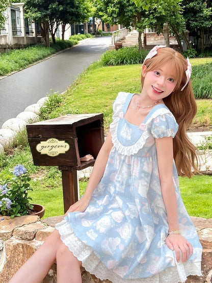 Adorable Lamb Print Sweet Lolita Dress Blue Square Neck Puff Sleeve