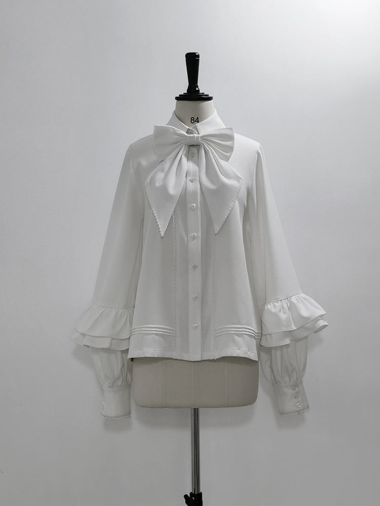 White Ouji Lolita Long Bishop Sleeves Shirt with Bow Tie