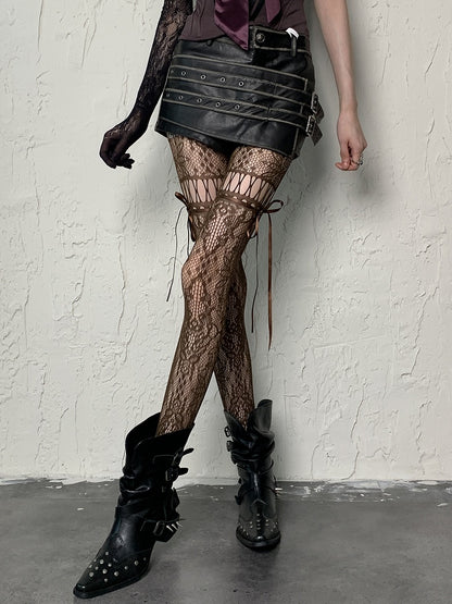 Cut-out Self-tie Coffee/Gray/Black/White/Purple/Blue Y2K Floral Pattern Design Tights Straps