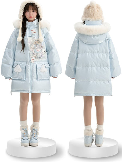 Applique Blue Hooded Down Coat