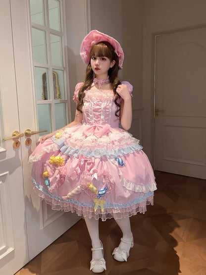 Lolita Candy Ruffle Sweet Multi-Layered Decorations with Pink Dress